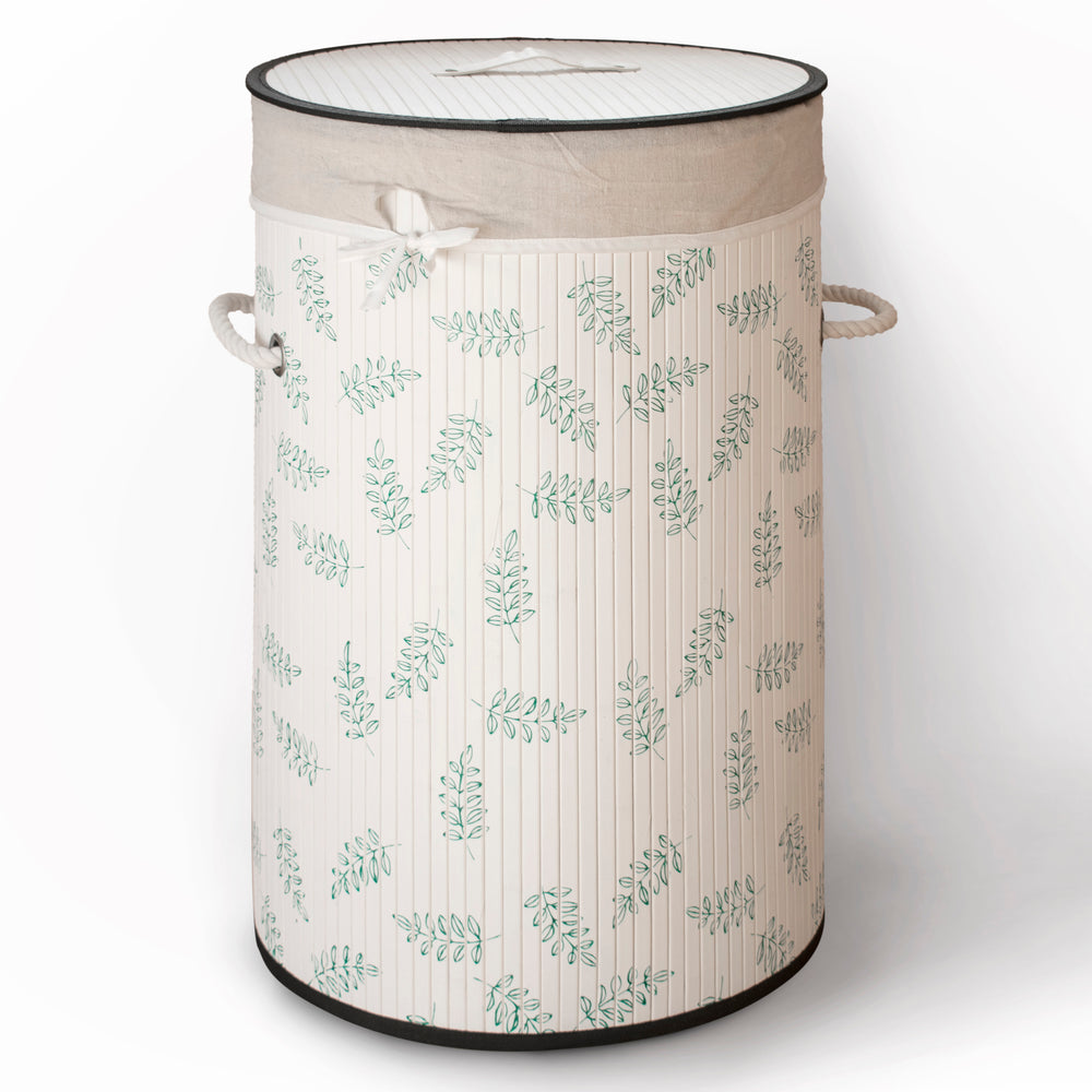Velosso White Leaf Round Bamboo Laundry Basket