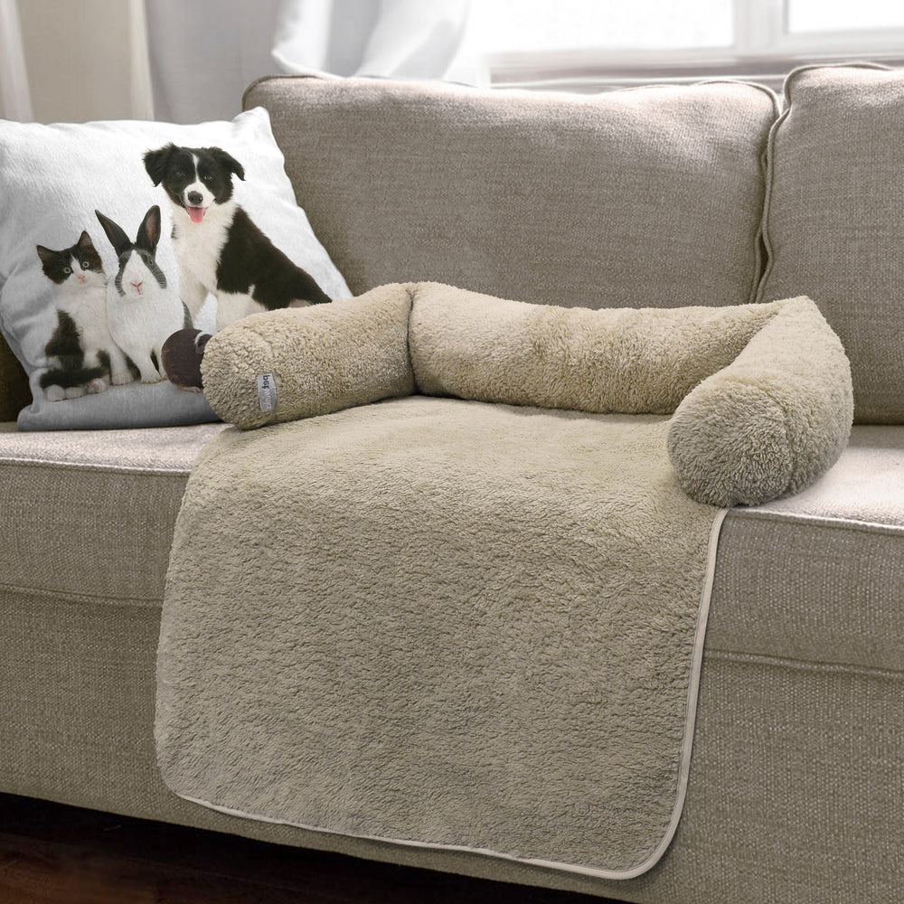 Pet Winks Luxury Teddy Fleece Taupe Bolster Pillow Pet Sofa Bed