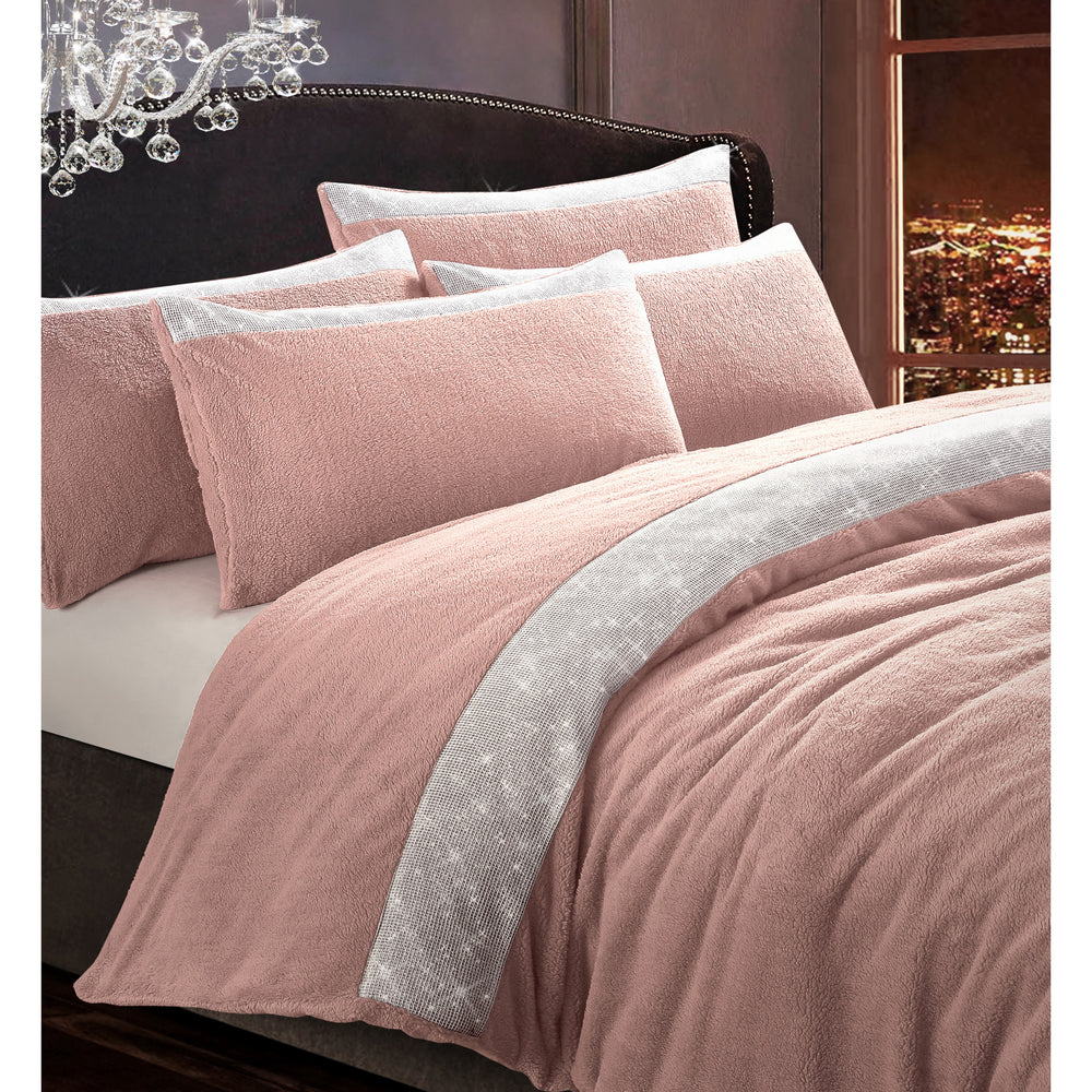 Velosso Beaux Shimmer Pink Teddy Fleece Duvet Cover & Pillowcase Set