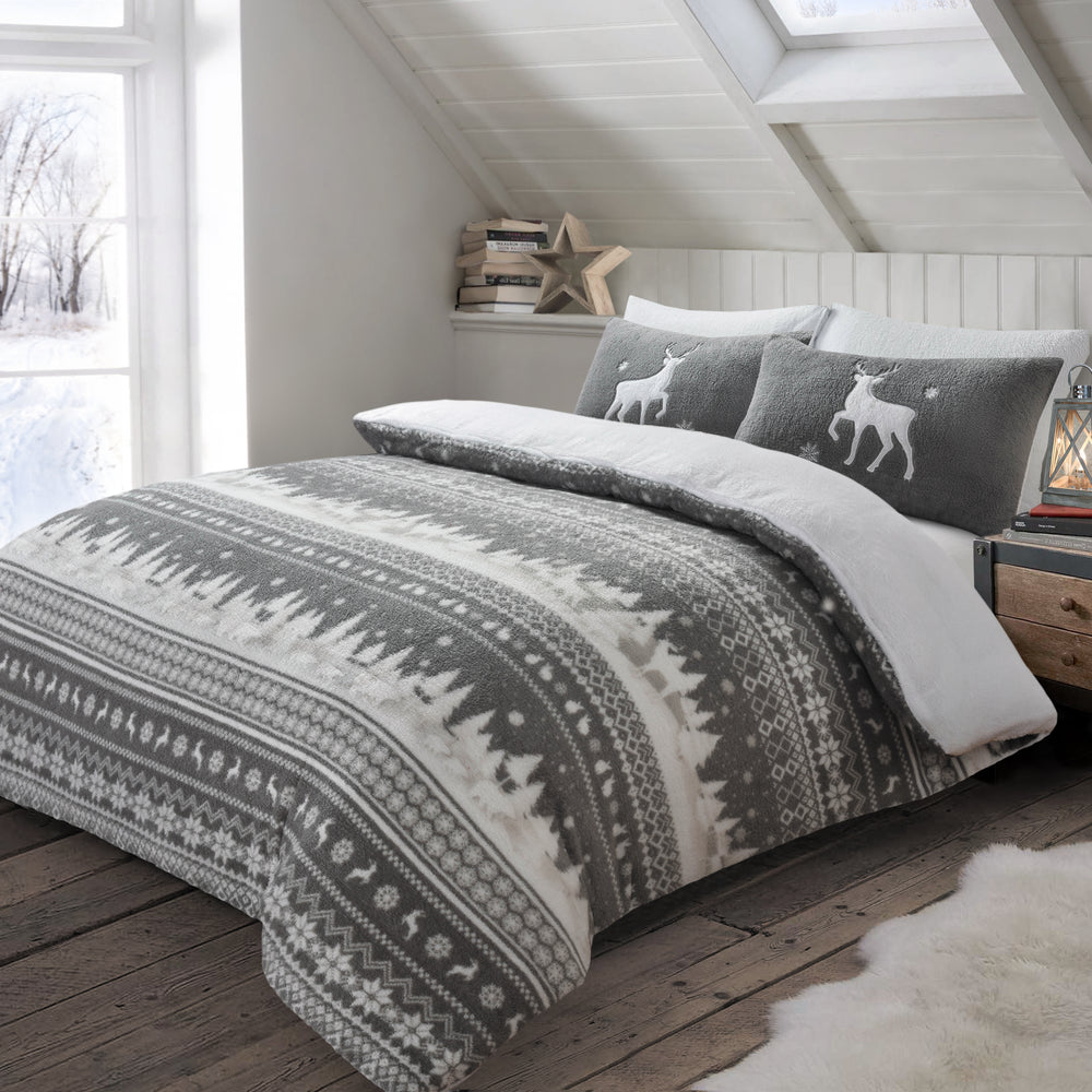 Velosso Nordic Grey Teddy Fleece Reversible Duvet & Pillowcase Set