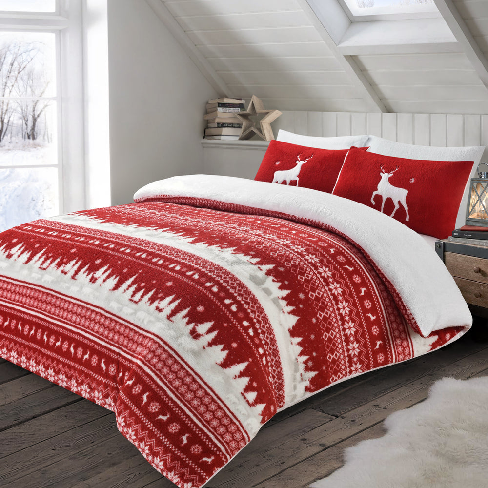 Velosso Nordic Red Teddy Fleece Reversible Duvet & Pillowcase Set