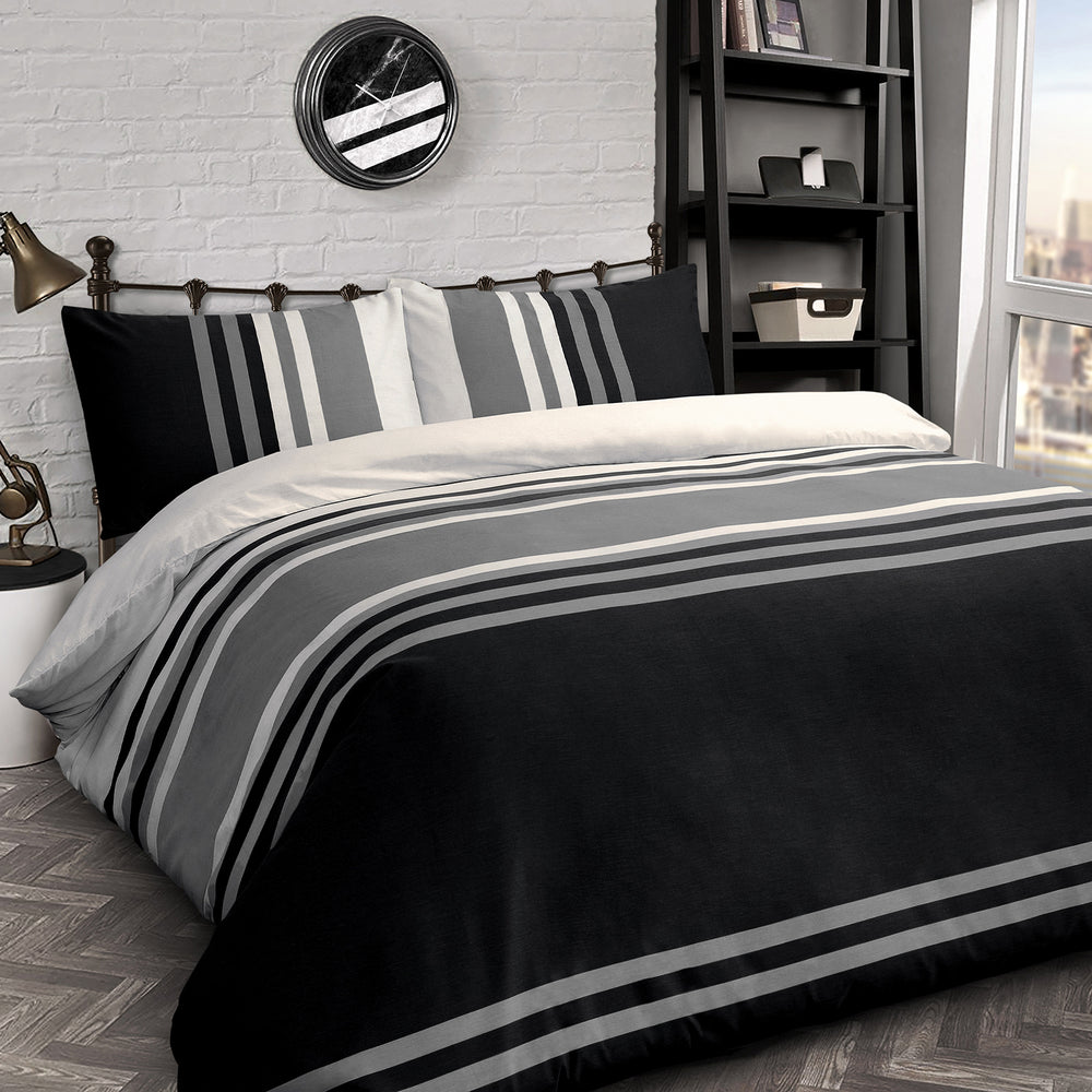 Velosso Tonal Stripe Black Duvet Cover & Pillowcase Set