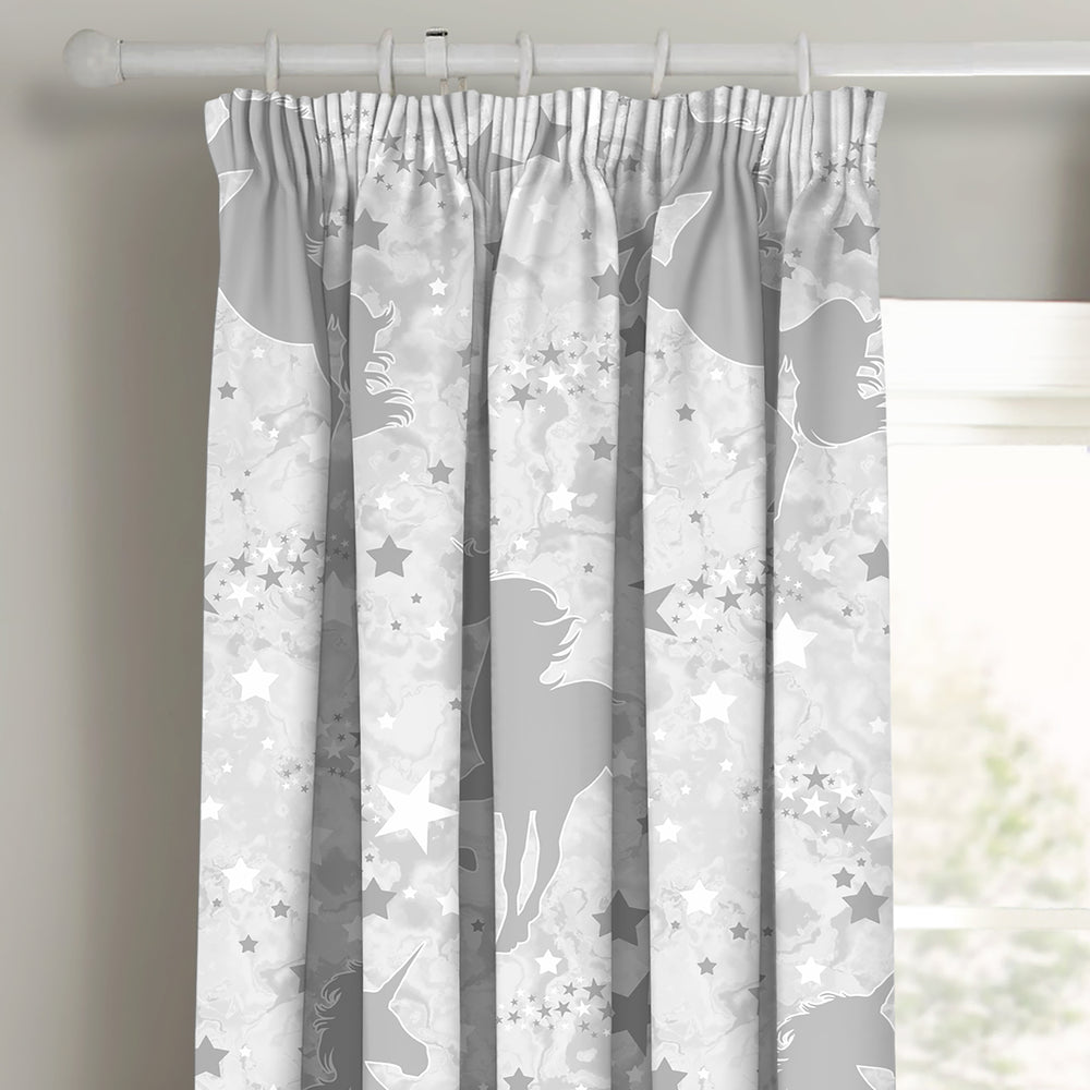 Velosso Unicorn Grey Glow In Dark Pencil Pleat Curtains