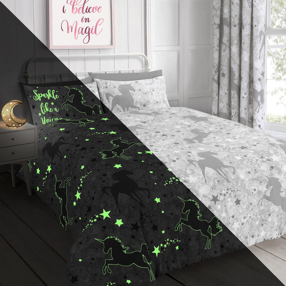Velosso Unicorn Stars Glow In The Dark Grey Duvet Cover & Pillowcase Set