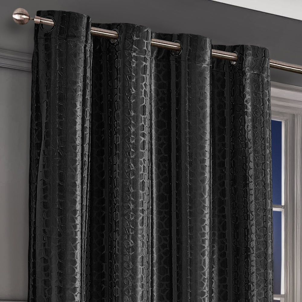 Intimates Verity Black Crushed Velvet Ready Made Embossed Curtains