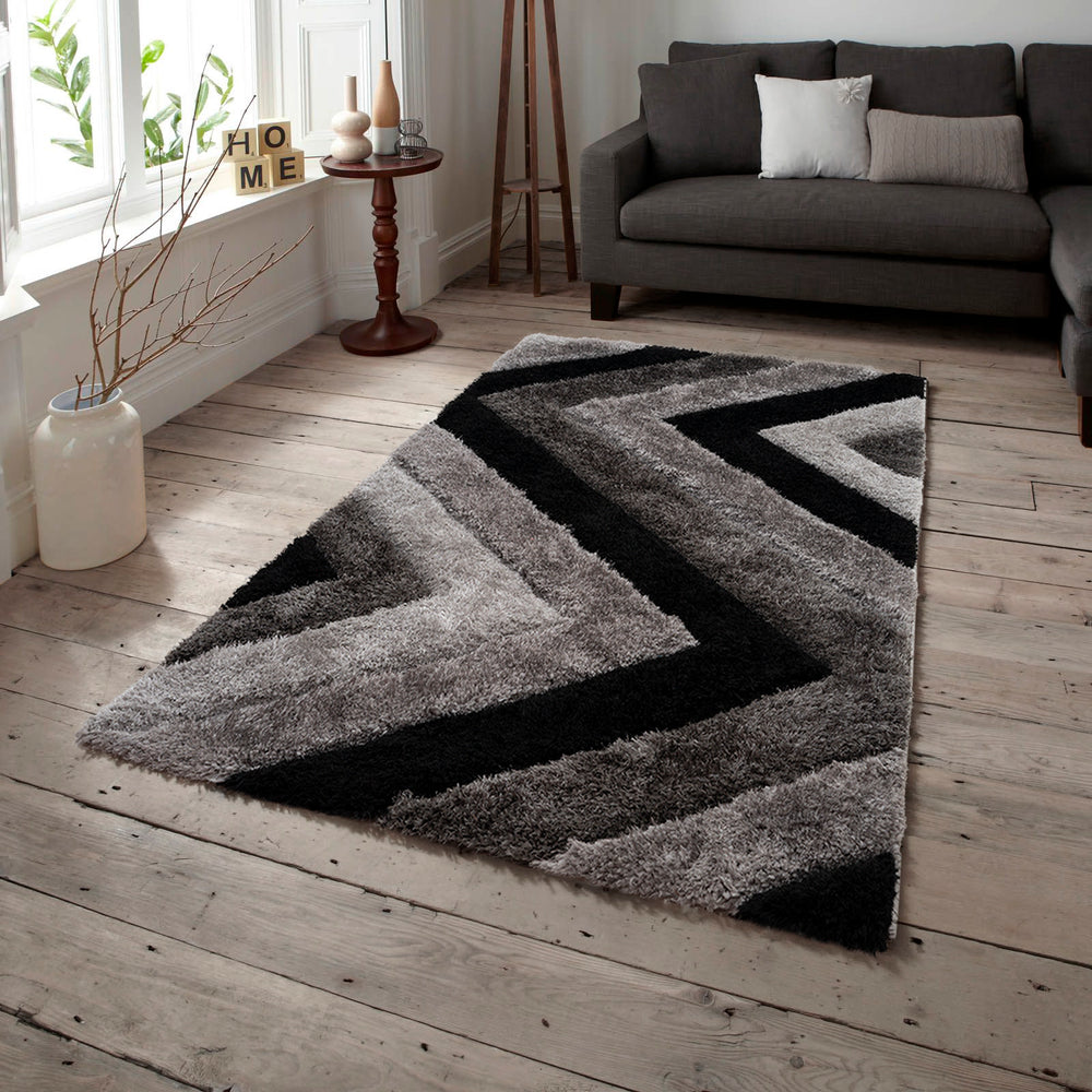 Home Republic 3D Carved Chevron Grey Shaggy Geometric Floor Rug