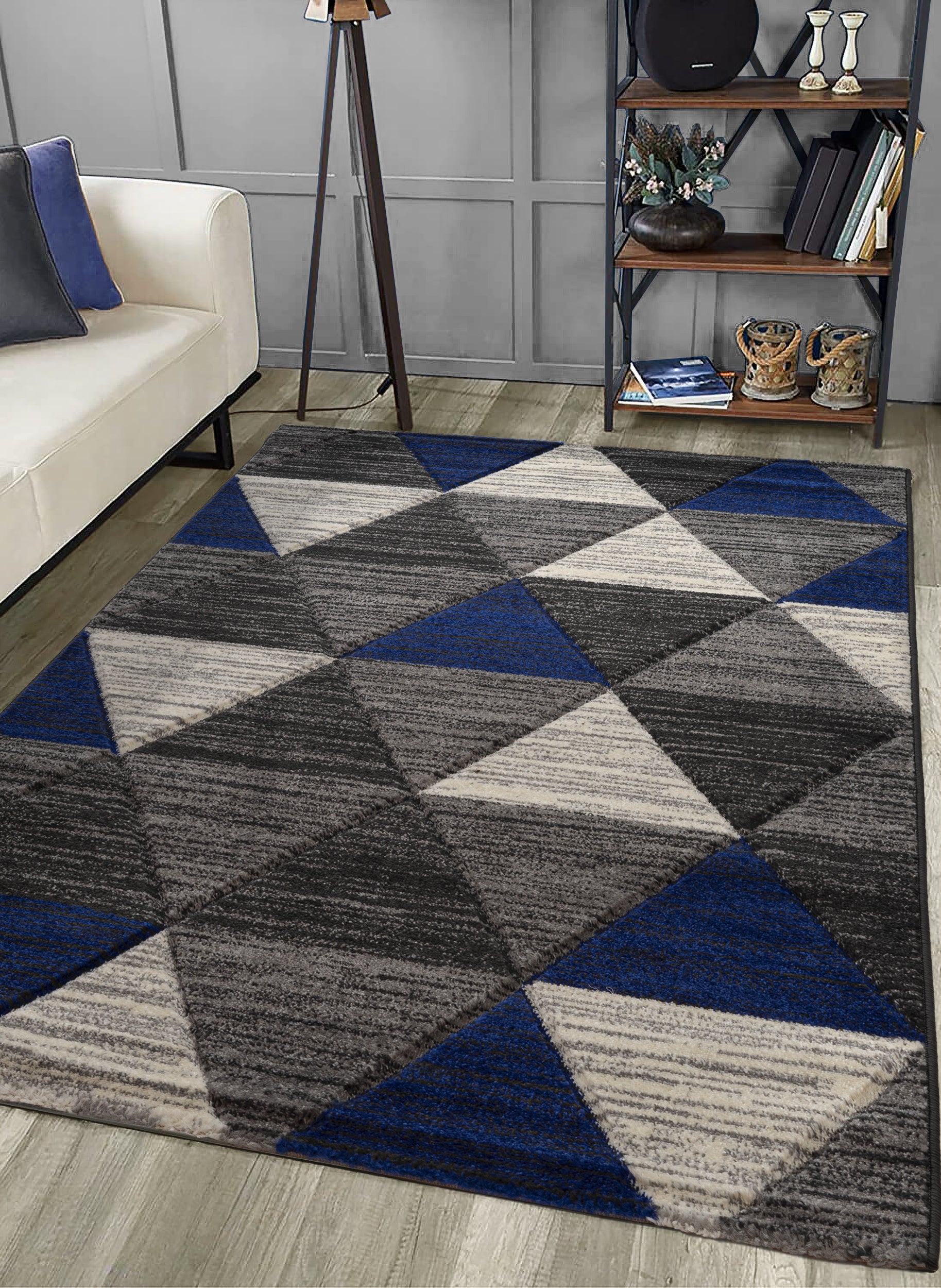 Navy Blue Carved Triangle Geometric Rug | Linens Online