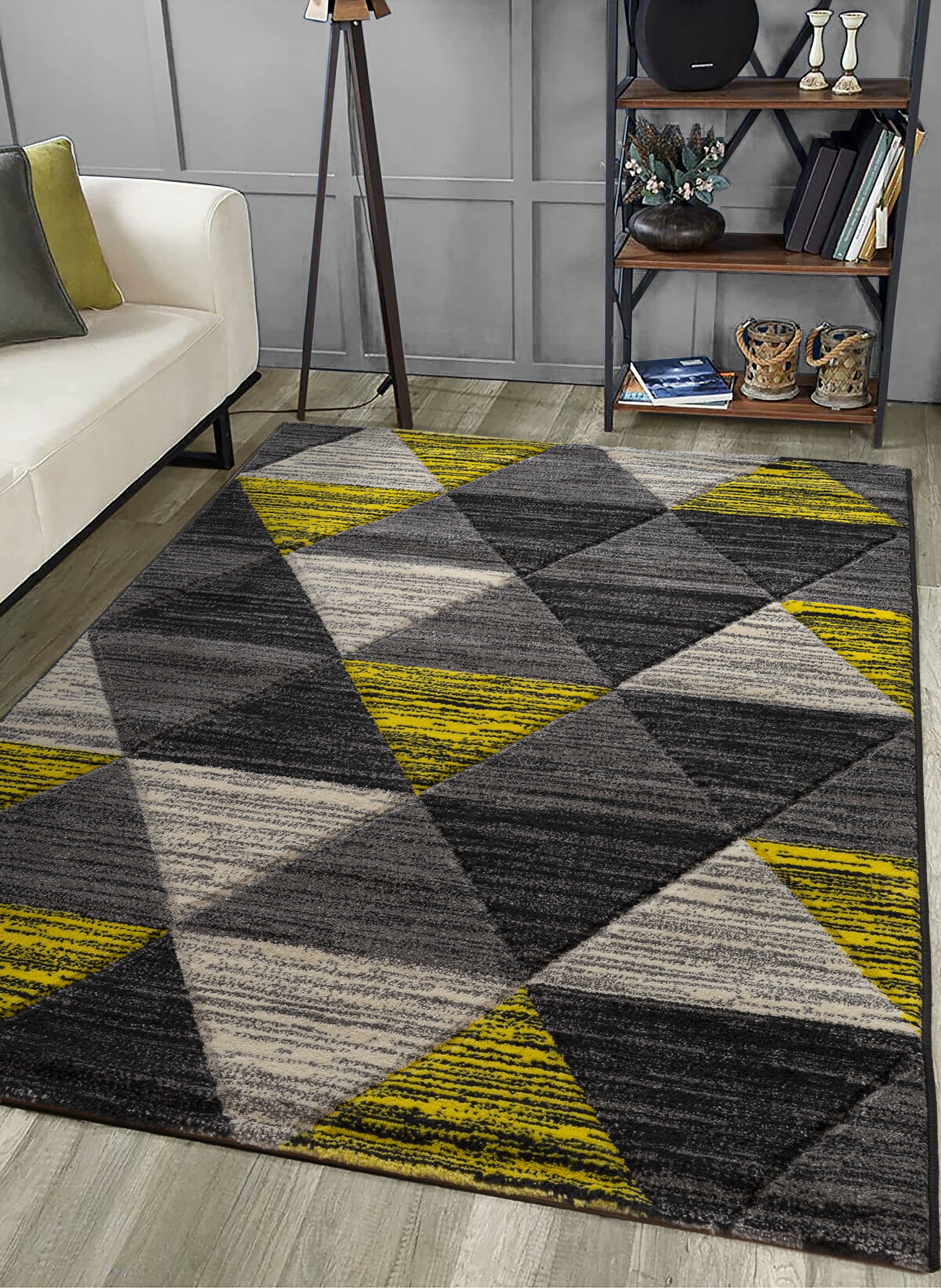Ochre Yellow Carved Triangle Geometric Rug | Linens Online