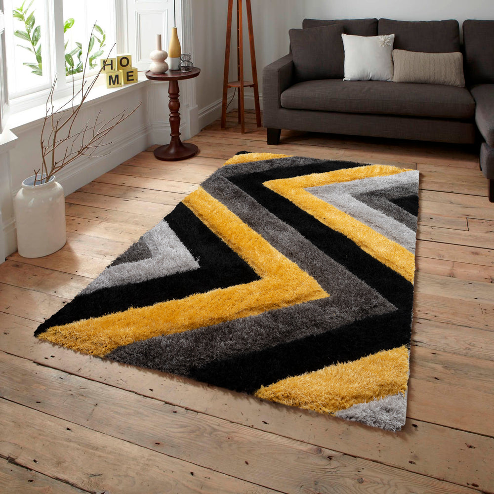 Home Republic 3D Carved Chevron Grey & Yellow Shaggy Geometric Floor Rug